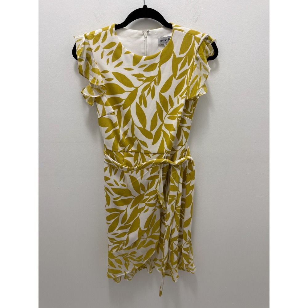 Shelby & Palmer Mustard Yellow White Leaf Print Faux Wrap Dress Size 4 Ruffle